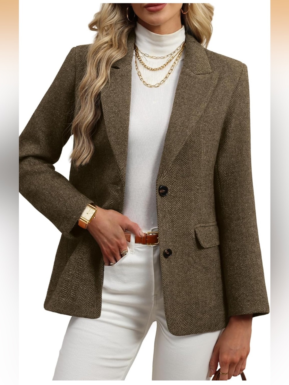 ELLEVEN Wool Blend Tweed Warm Blazer Herringbone Business Casual Suit Jacket NEW